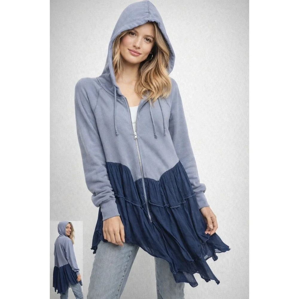 Free People Moon Dust Cardi Blue Hooded Lagenlook Sweatshirt M Boho Grunge - Picture 1 of 7